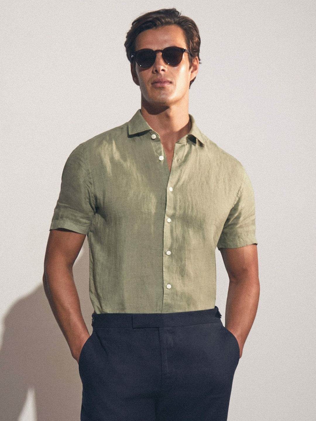 Reiss | Slim Fit Linen Button-Through Shirt in Thyme Green