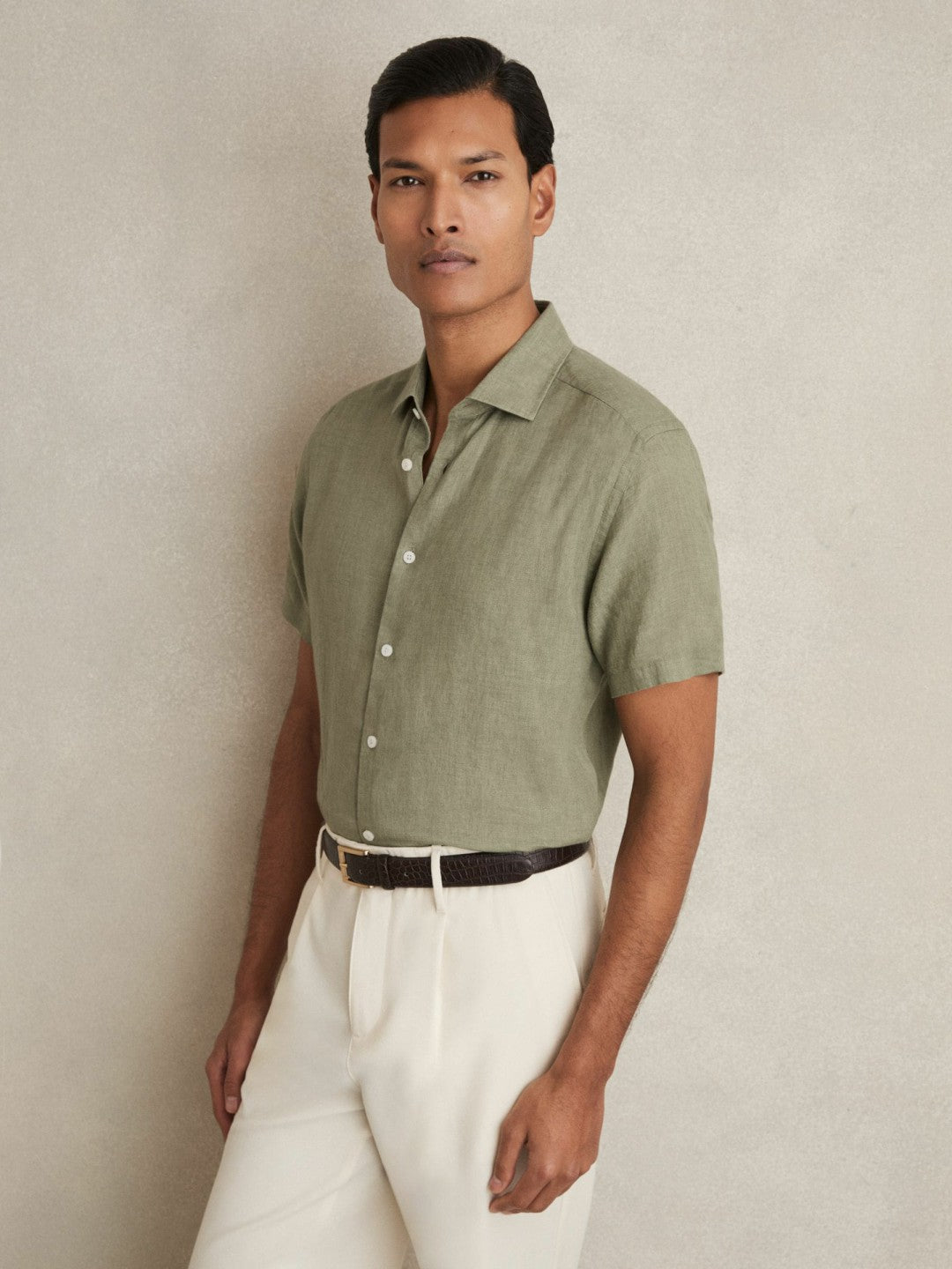 Reiss | Slim Fit Linen Button-Through Shirt in Thyme Green