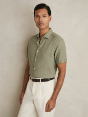 Reiss | Slim Fit Linen Button-Through Shirt in Thyme Green