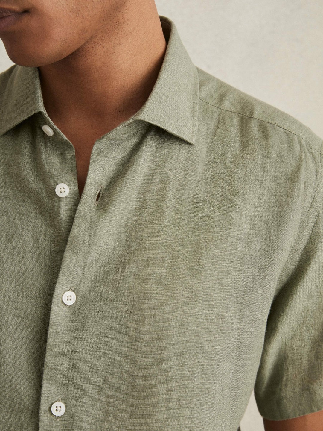 Reiss | Slim Fit Linen Button-Through Shirt in Thyme Green
