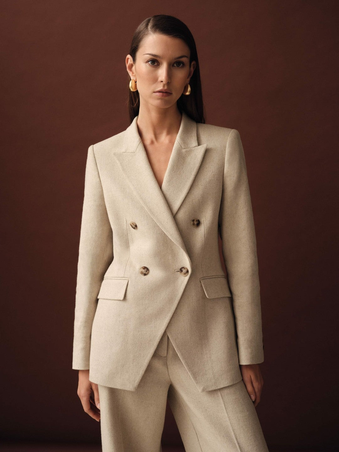 Reiss | Linen-Blend Double-Breasted Suit Jacket in Neutral