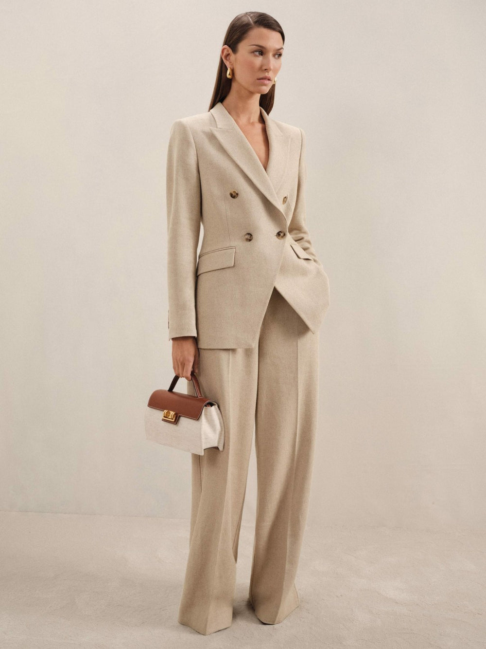 Reiss | Linen-Blend Double-Breasted Suit Jacket in Neutral