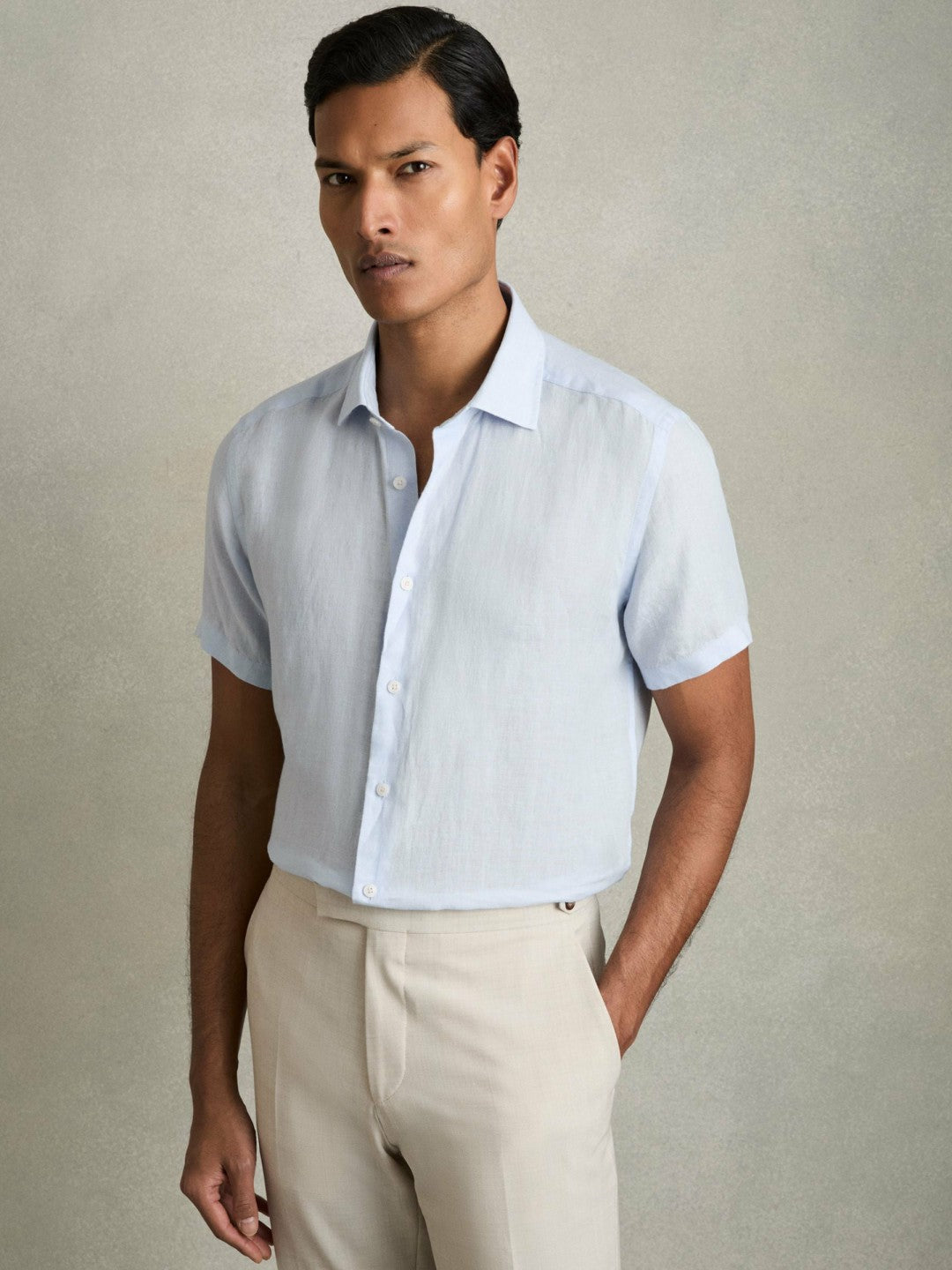 Reiss | Slim Fit Linen Button-Through Shirt in Pale Blue