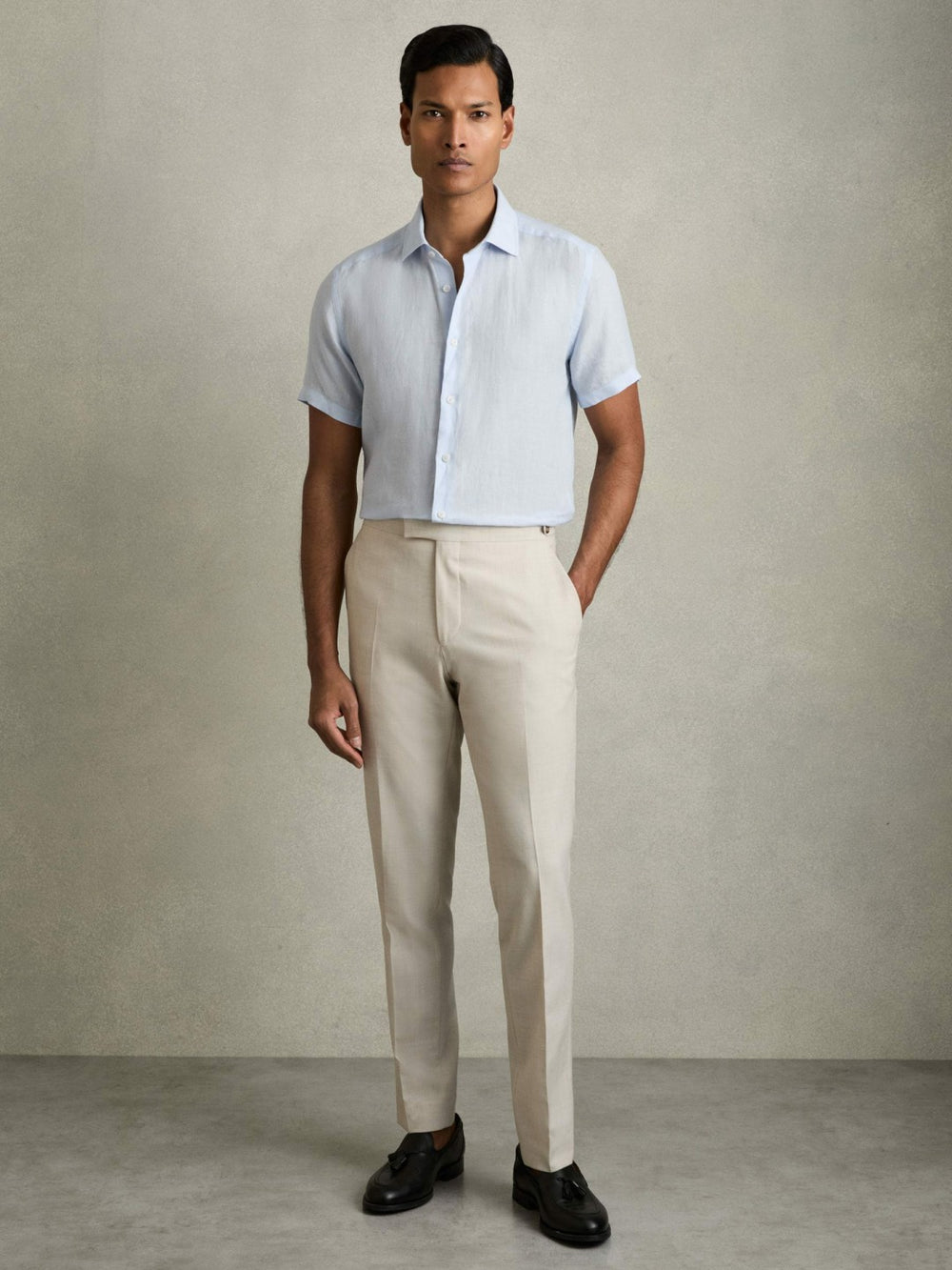 Reiss | Slim Fit Linen Button-Through Shirt in Pale Blue