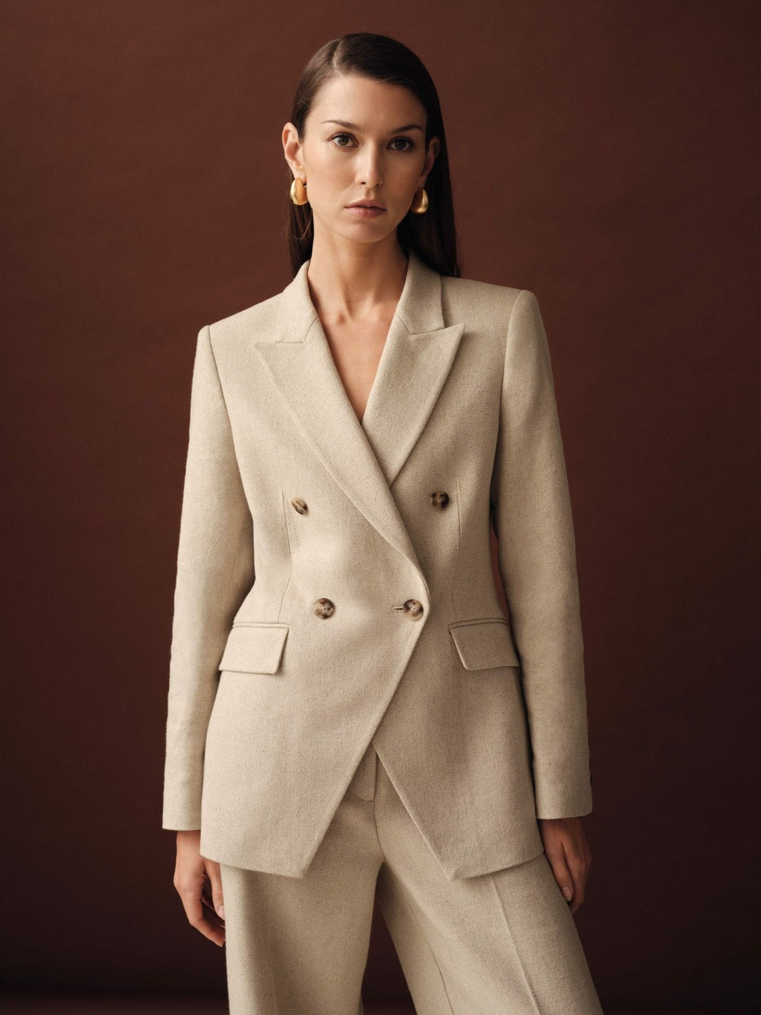 Reiss | Petite Linen-Blend Double-Breasted Suit Jacket in Neutral