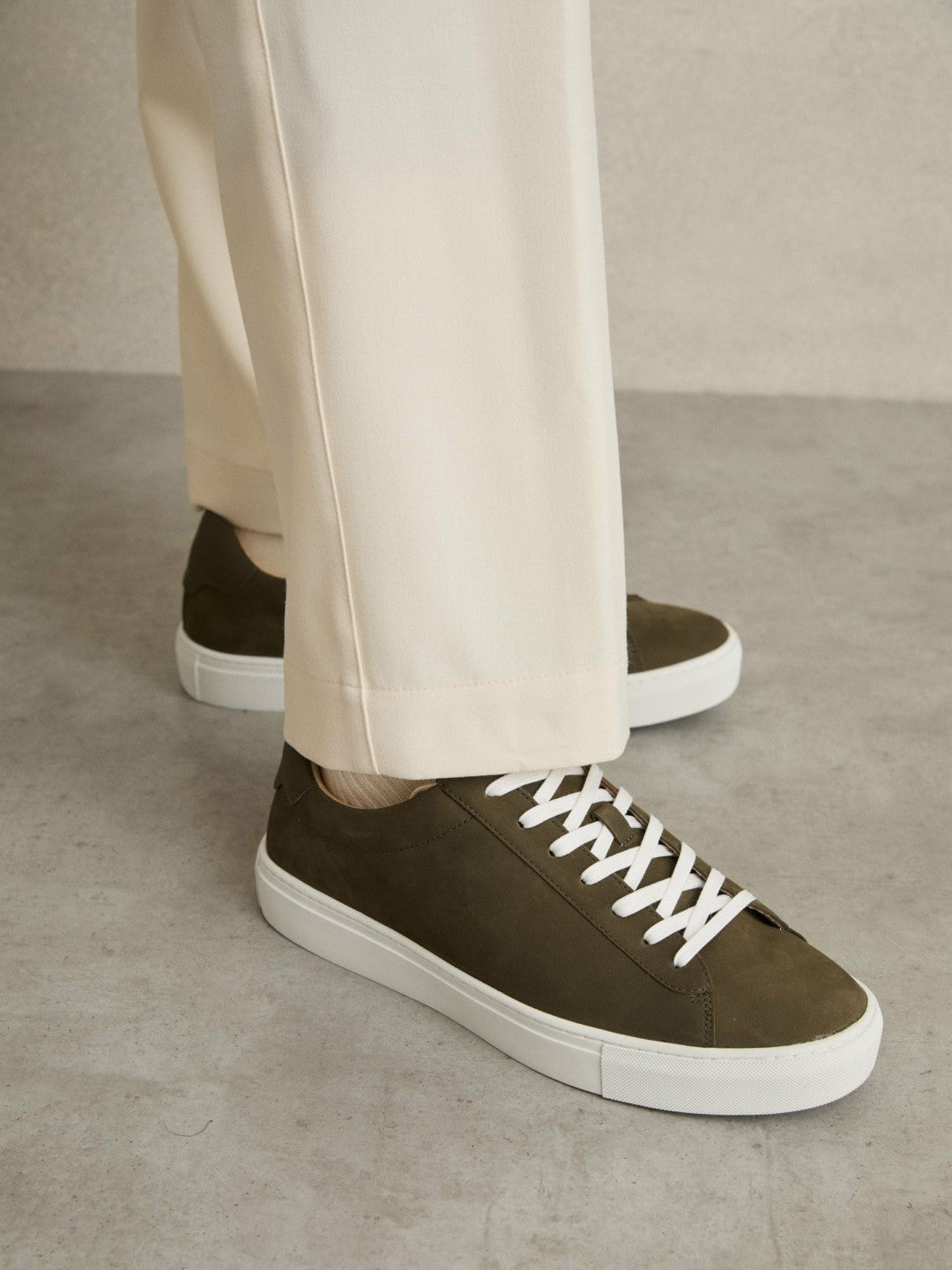 Reiss | Nubuck-Leather Low-Top Trainers in Olive Green