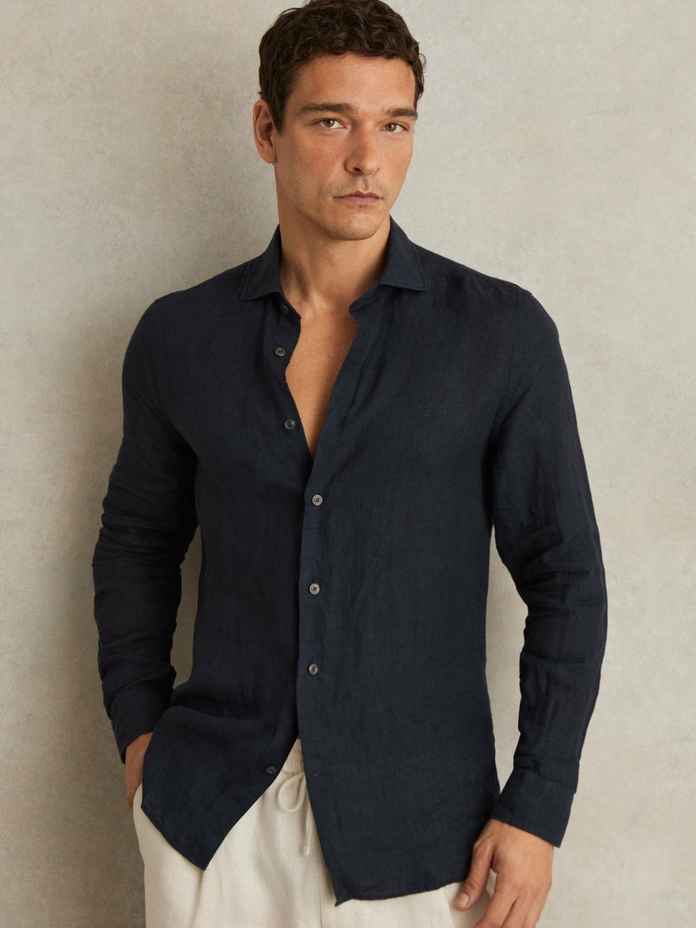 Reiss | Linen Button-Through Shirt in Navy