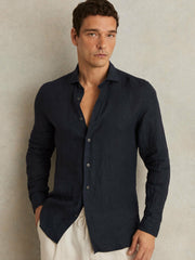 Reiss | Linen Button-Through Shirt in Navy