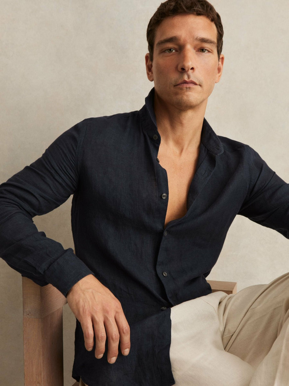 Reiss | Linen Button-Through Shirt in Navy