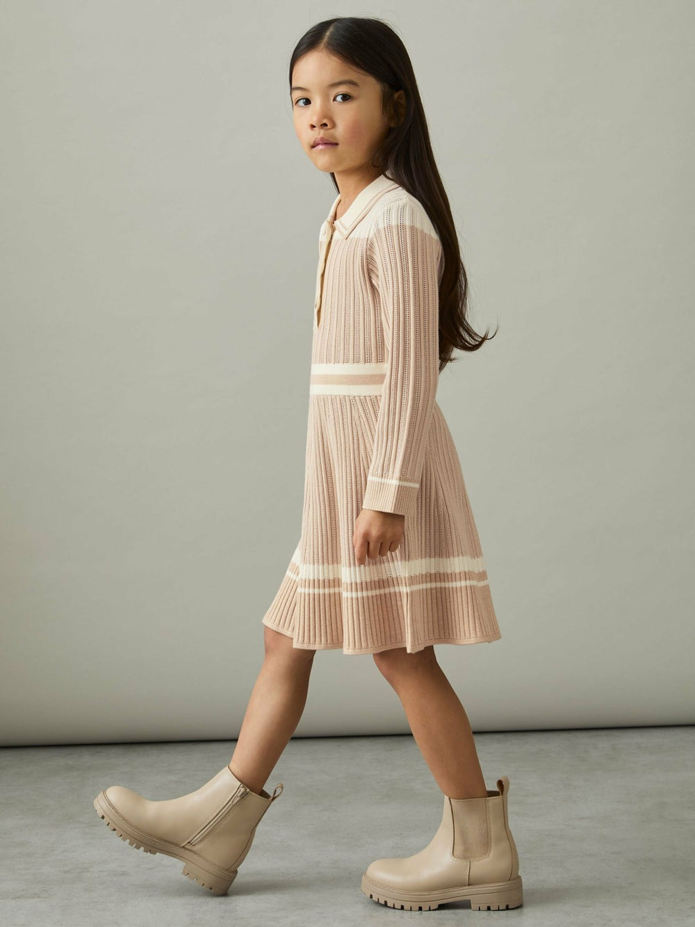 Reiss | 4-9 yrs Rib-Knit Pointelle Flared Dress in Pale Pink