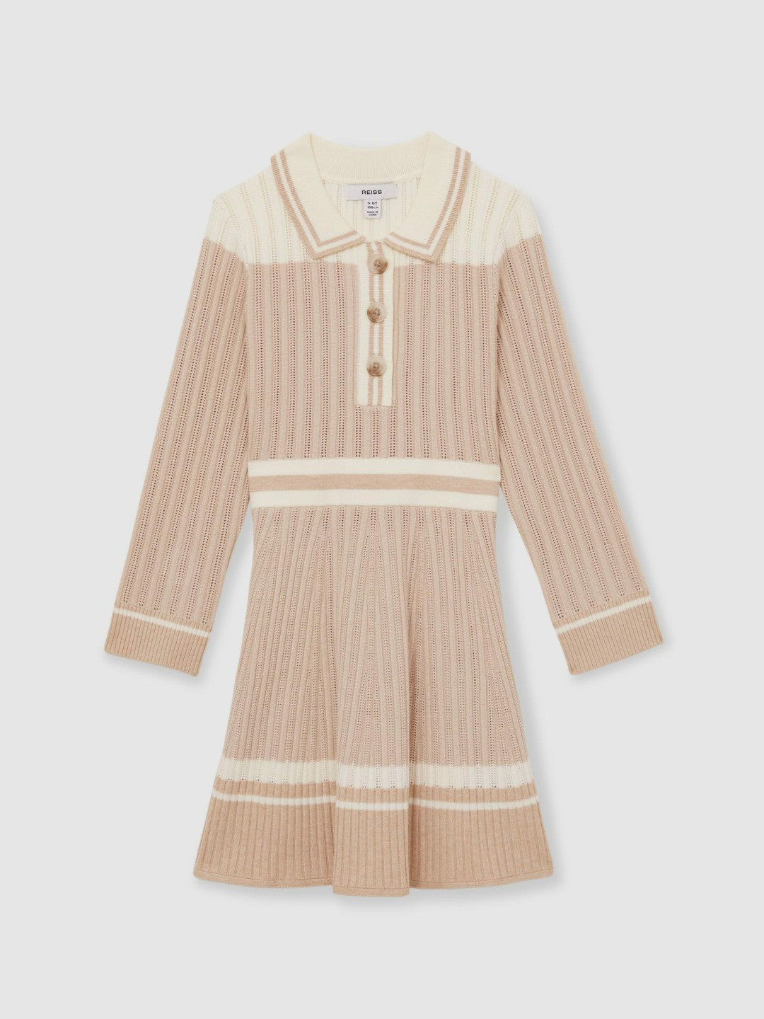 Reiss | 13-14 yrs Rib-Knit Pointelle Flared Dress in Pale Pink