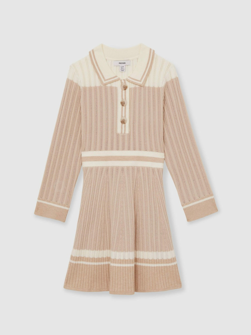 Reiss | 9-13 yrs Rib-Knit Pointelle Flared Dress in Pale Pink