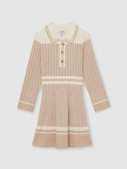 Reiss | 9-13 yrs Rib-Knit Pointelle Flared Dress in Pale Pink