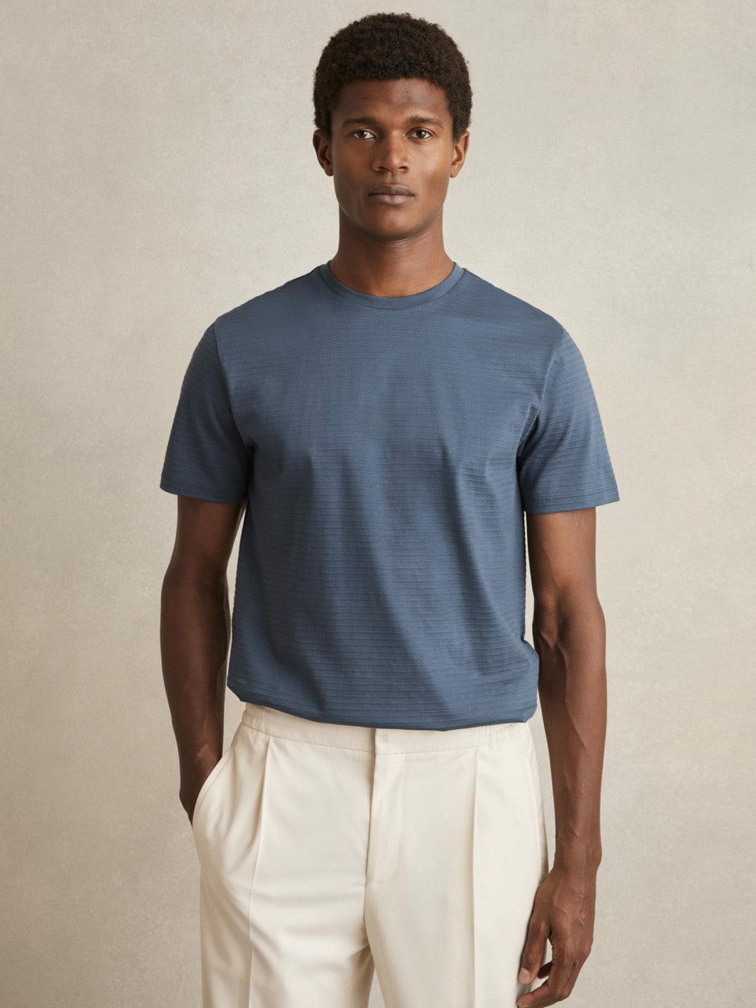 Reiss | Mercerised-Cotton Ribbed T-Shirt in Airforce Blue