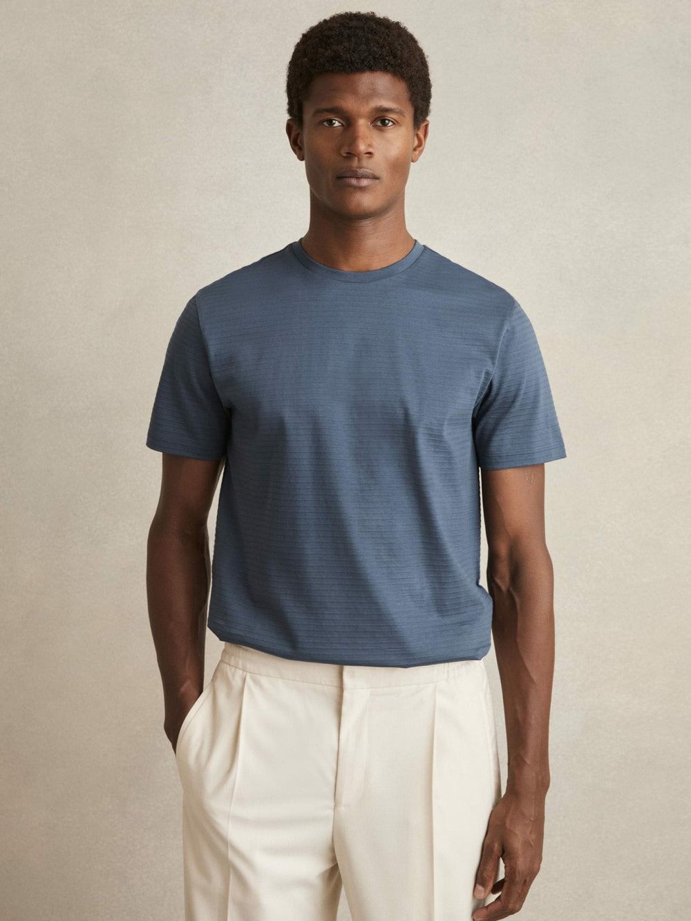 Reiss | Mercerised-Cotton Ribbed T-Shirt in Airforce Blue