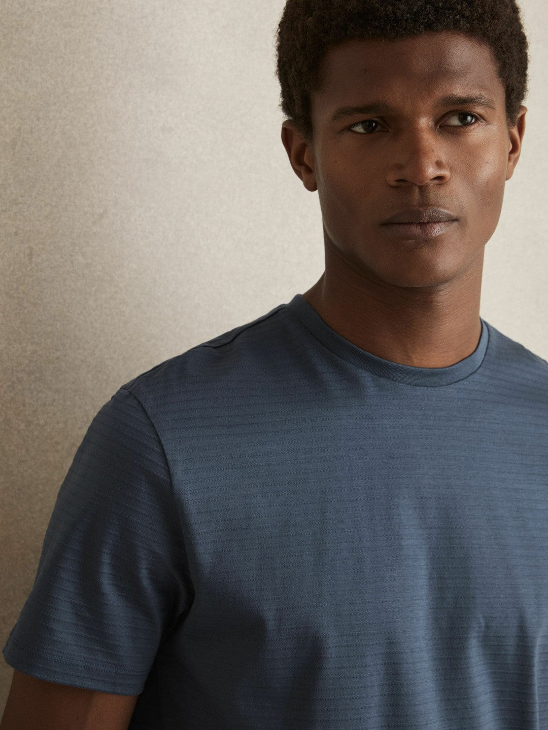 Reiss | Mercerised-Cotton Ribbed T-Shirt in Airforce Blue