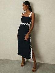 Reiss | Wave-Trim Crepe Midi Dress in Navy