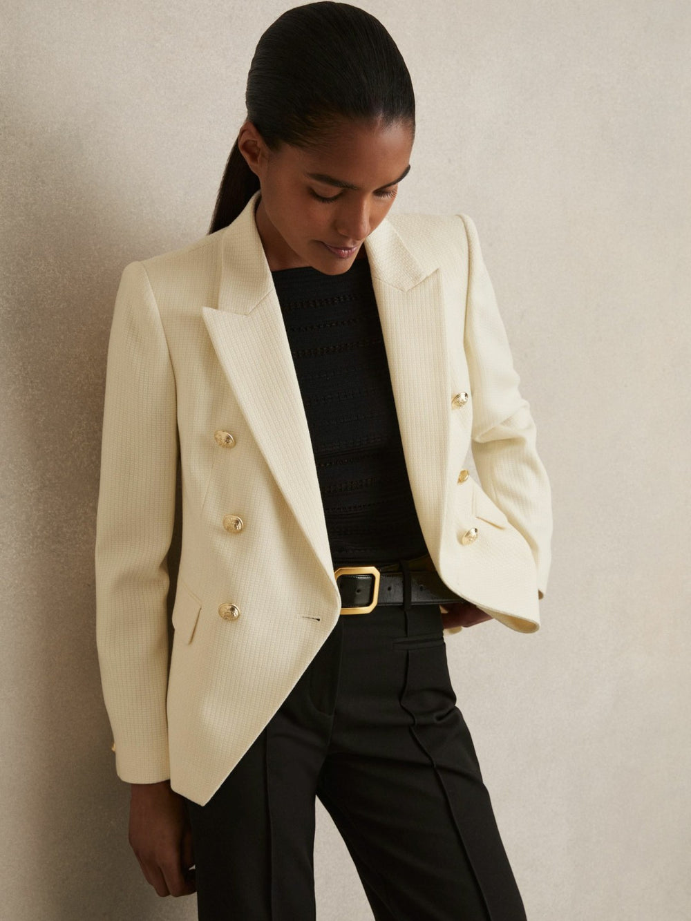 Reiss | Tailored Fit Textured Double Breasted Blazer in White