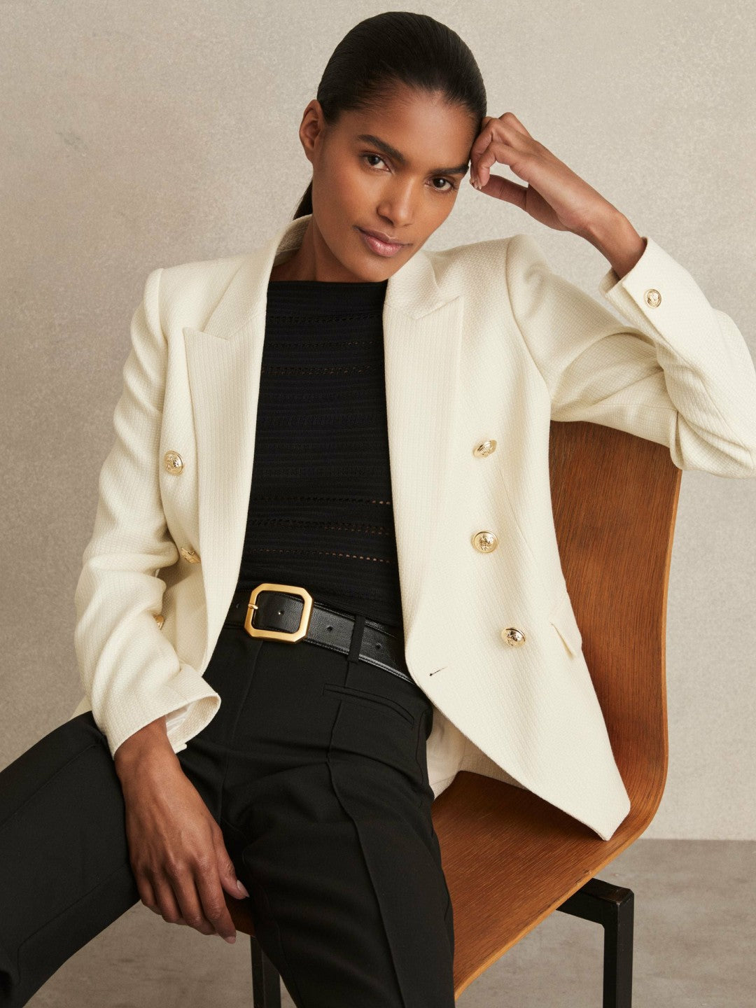 Reiss | Petite Tailored Fit Textured Double Breasted Blazer in White