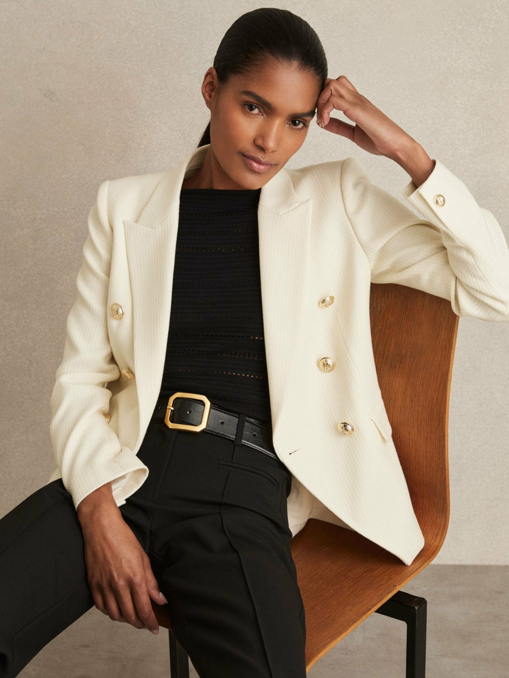 Reiss | Petite Tailored Fit Textured Double Breasted Blazer in White