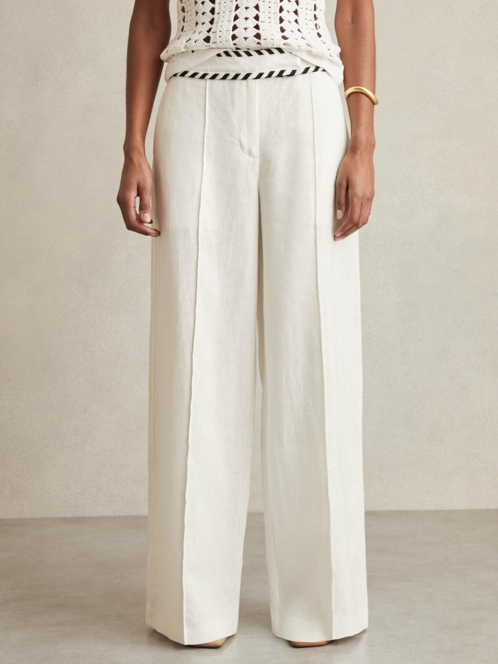 Reiss | Linen Wide-Leg Whipstitch Trousers in White