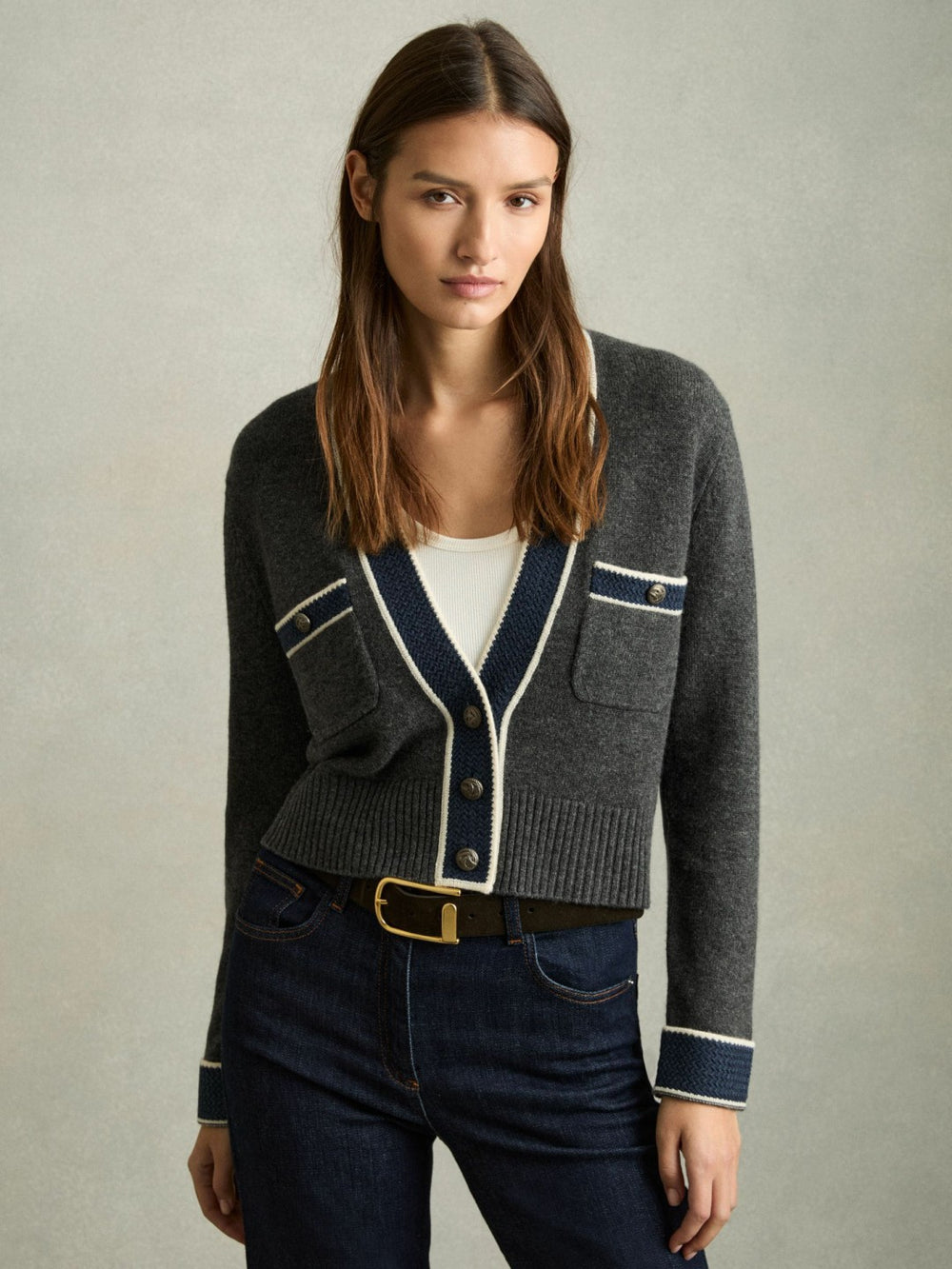 Reiss | Wool-Cashmere Tipped V-Neck Cardigan in Charcoal