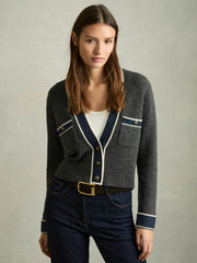 Reiss | Wool-Cashmere Tipped V-Neck Cardigan in Charcoal