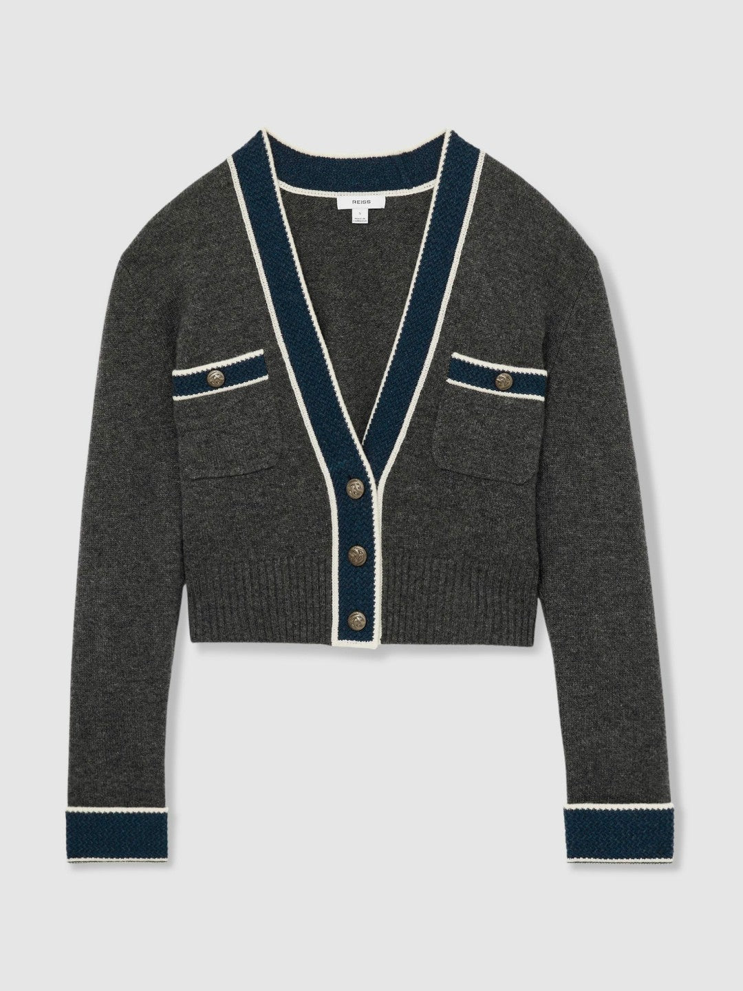 Reiss | Wool-Cashmere Tipped V-Neck Cardigan in Charcoal
