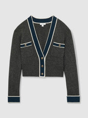 Reiss | Wool-Cashmere Tipped V-Neck Cardigan in Charcoal