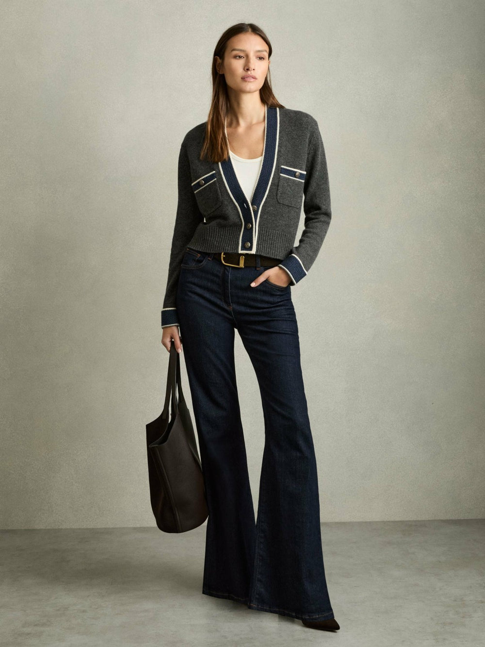 Reiss | Wool-Cashmere Tipped V-Neck Cardigan in Charcoal