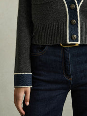 Reiss | Wool-Cashmere Tipped V-Neck Cardigan in Charcoal