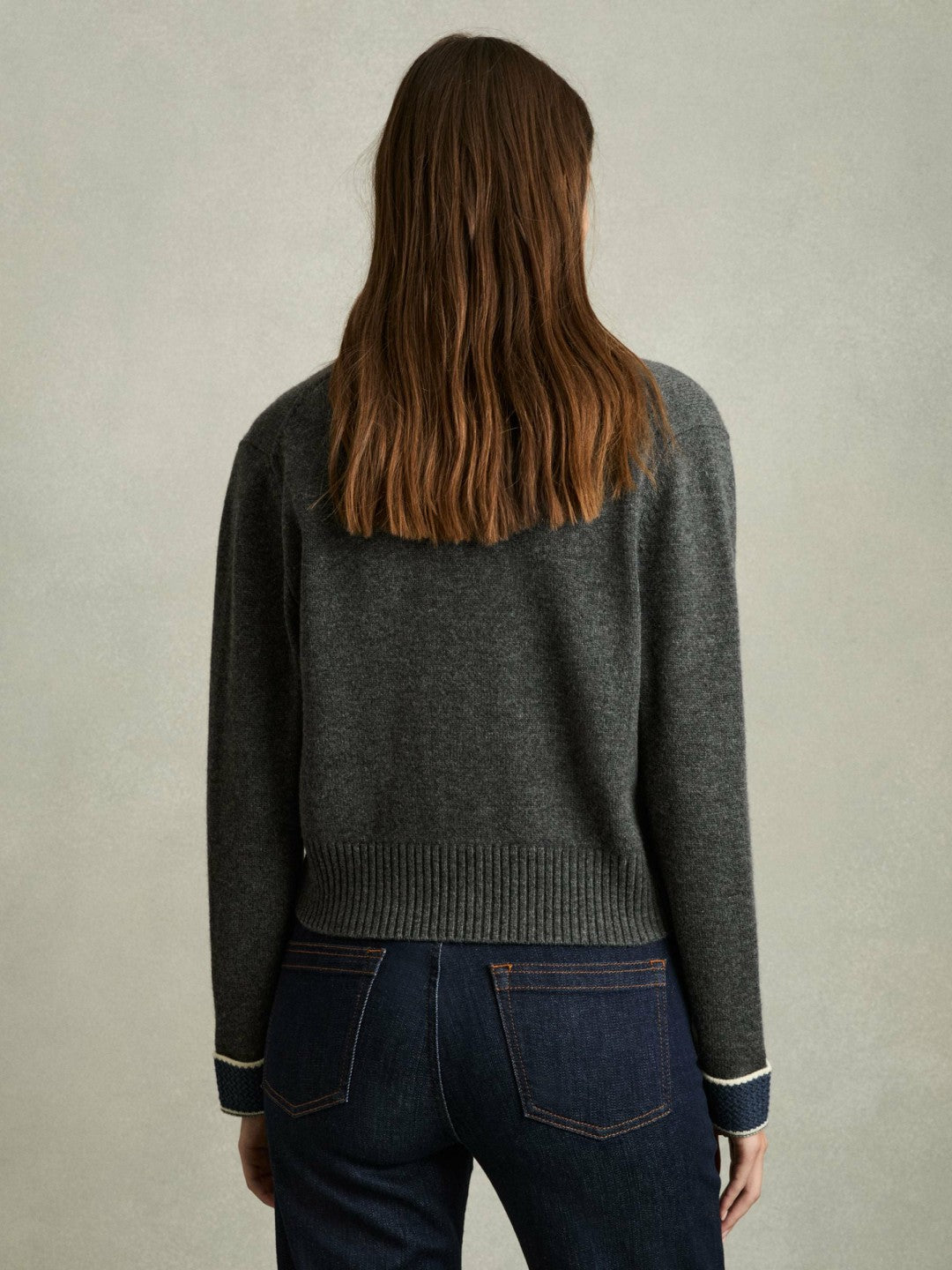 Reiss | Wool-Cashmere Tipped V-Neck Cardigan in Charcoal