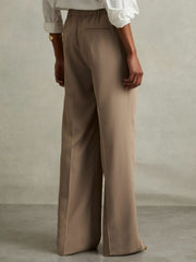 Reiss | Elasticated-Waist Wide-Leg Twill Trousers in Mink Neutral
