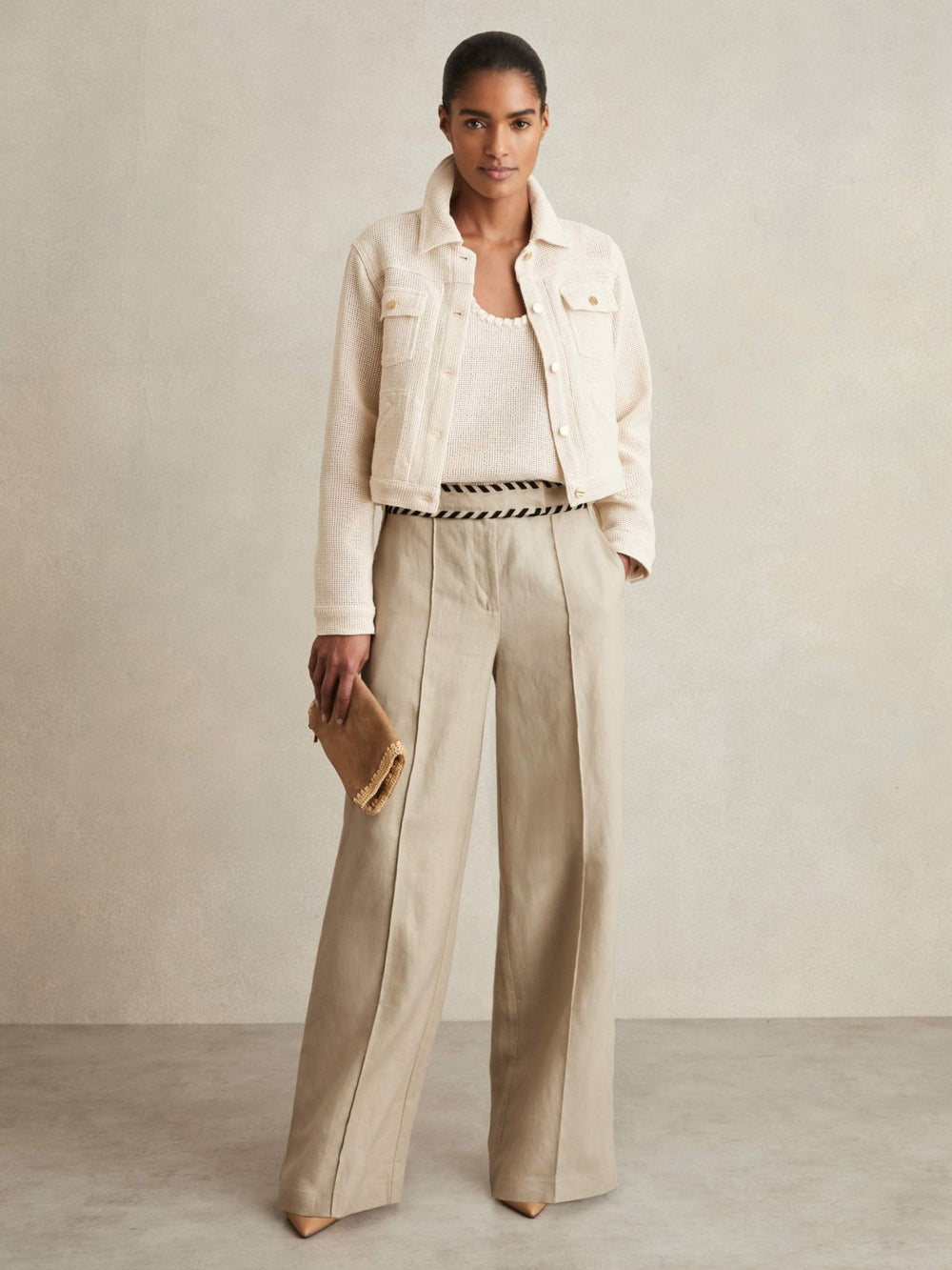 Reiss | Petite Linen Wide-Leg Whipstitch Trousers in Neutral