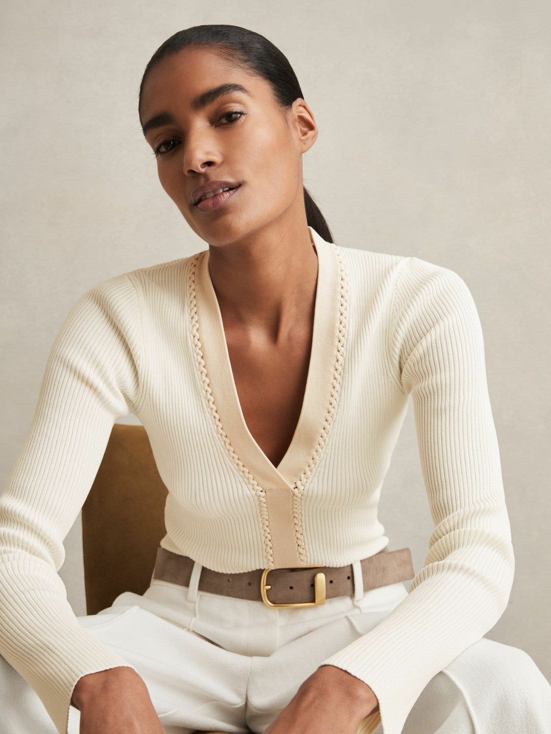 Reiss | Craft-Stitch Rib-Knit Top in Ivory