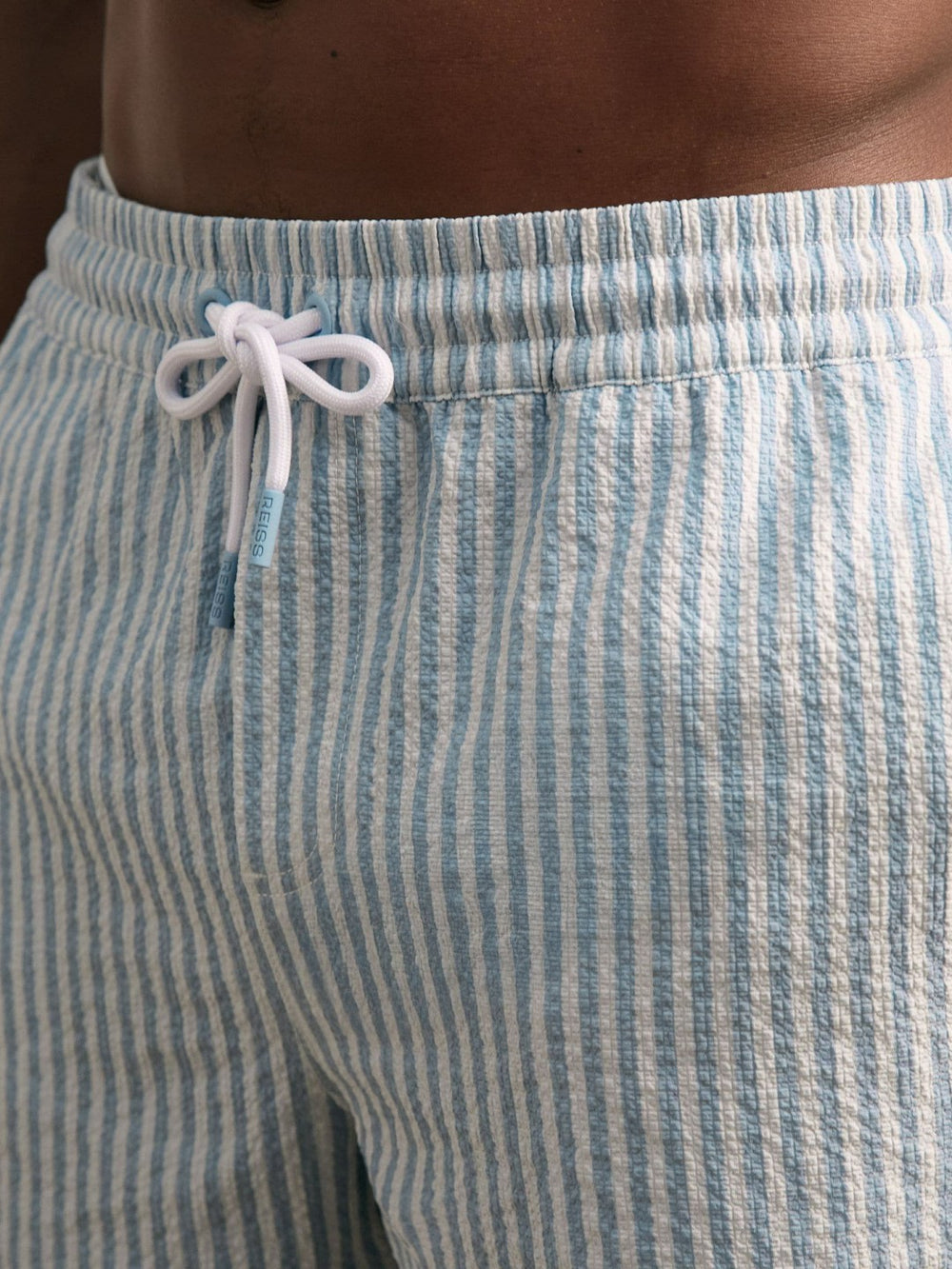 Reiss | Seersucker Stripe Swim Shorts in Soft Blue/White