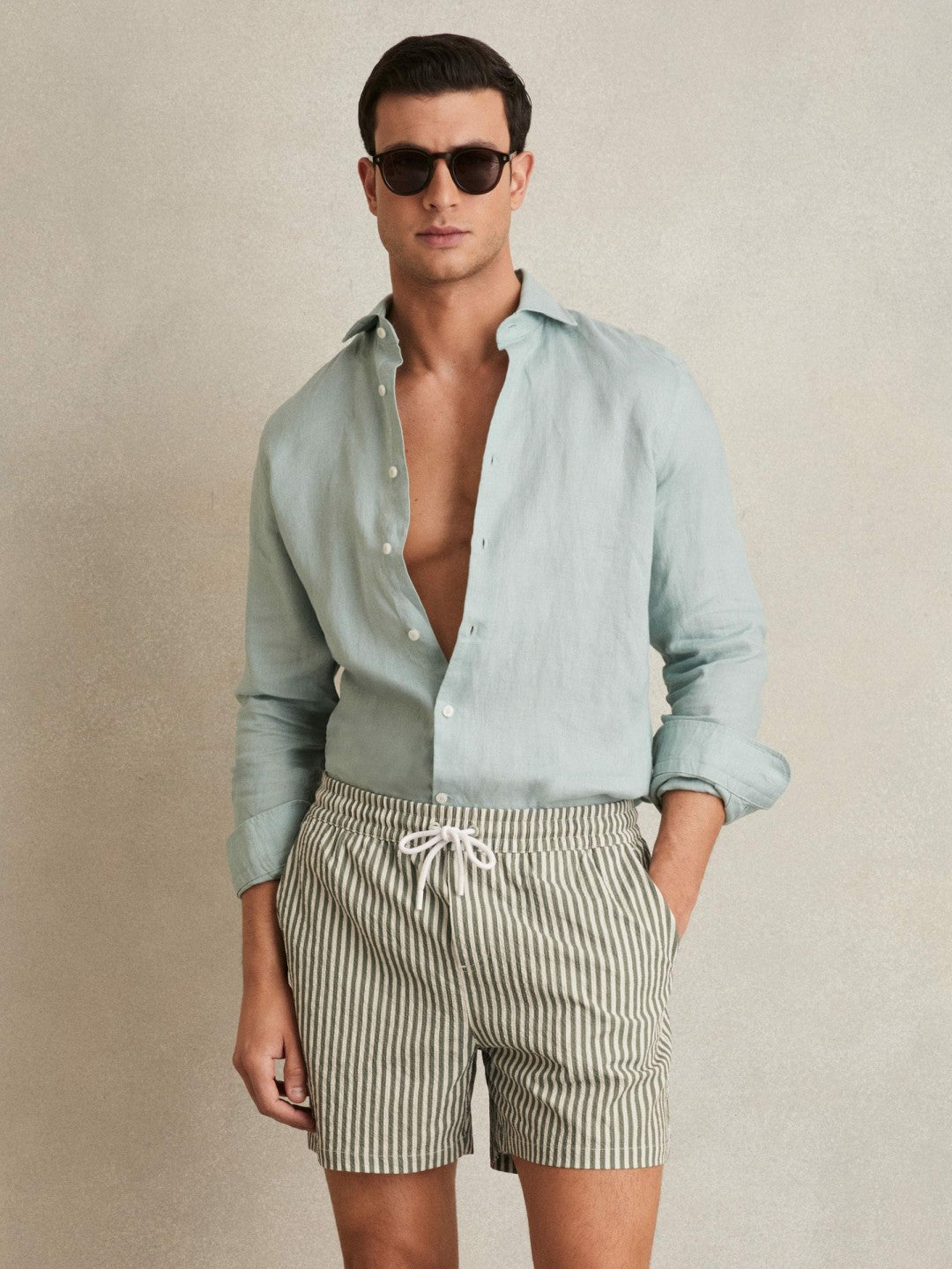 Reiss | Seersucker Stripe Swim Shorts in Sage/White