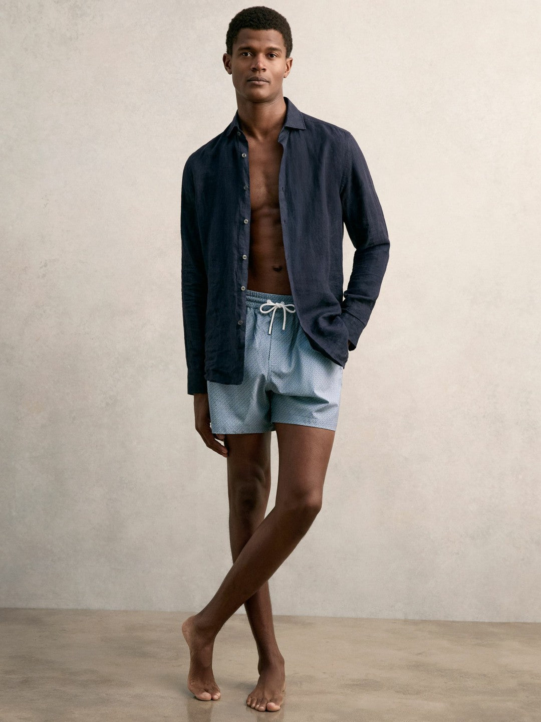 Reiss | Drawstring Geometric Print Swim Shorts in Airforce Blue