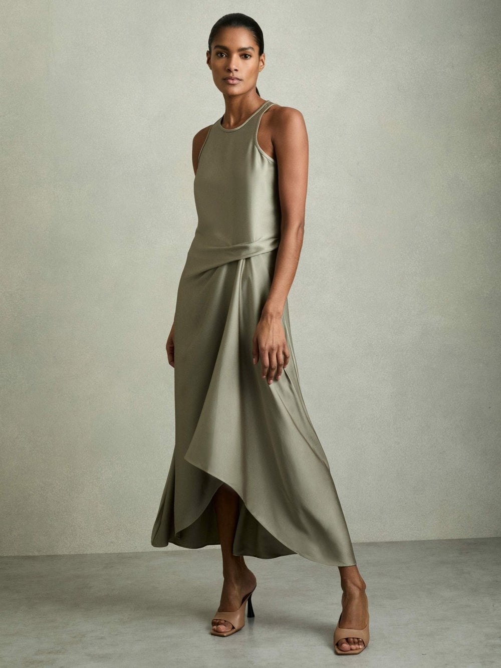 Reiss | Satin Drape Tuck Midi Dress in Khaki