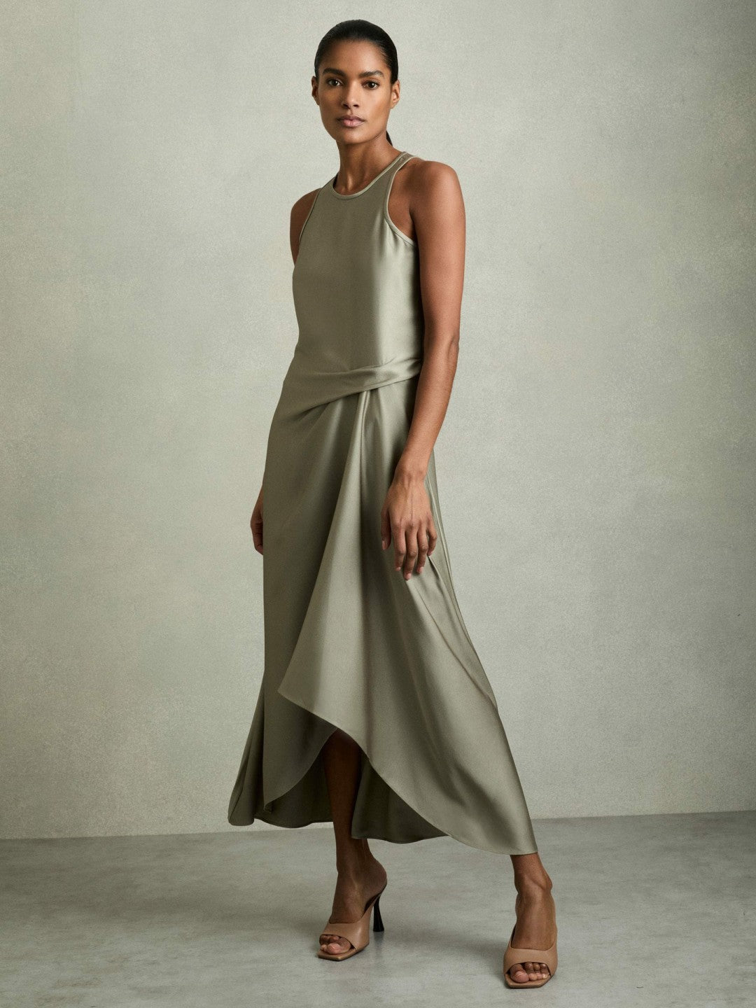 Reiss | Satin Drape Tuck Midi Dress in Khaki