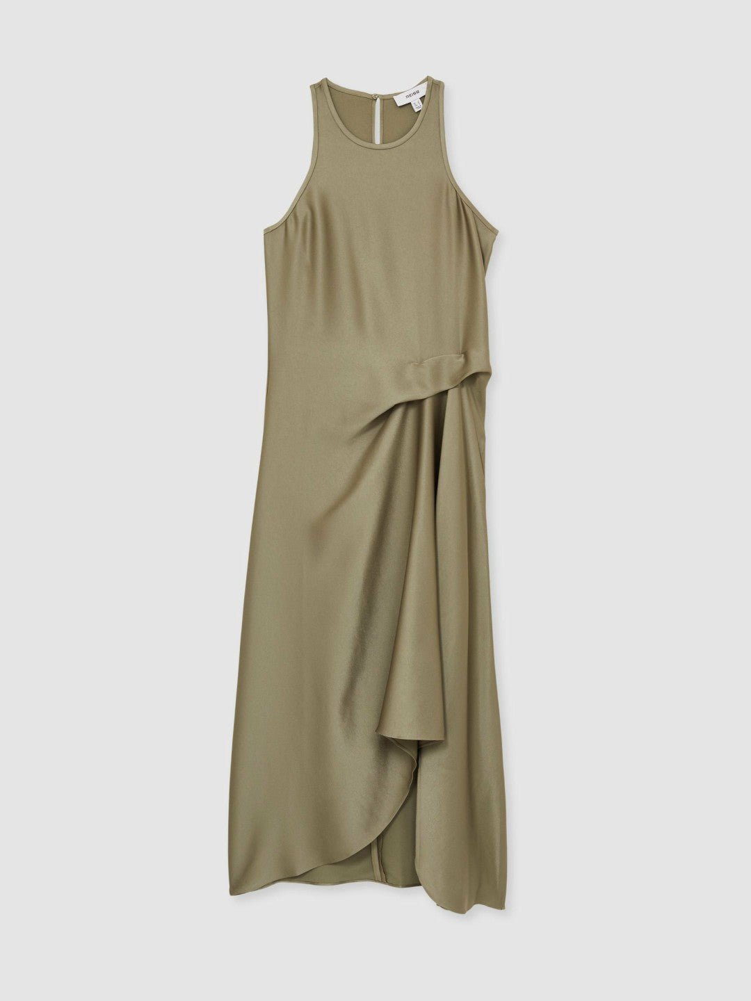 Reiss | Satin Drape Tuck Midi Dress in Khaki