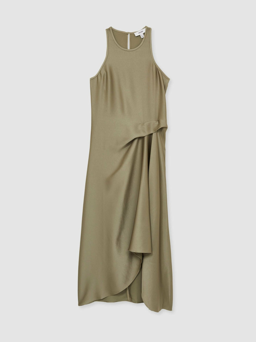 Reiss | Satin Drape Tuck Midi Dress in Khaki