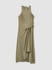 Reiss | Satin Drape Tuck Midi Dress in Khaki