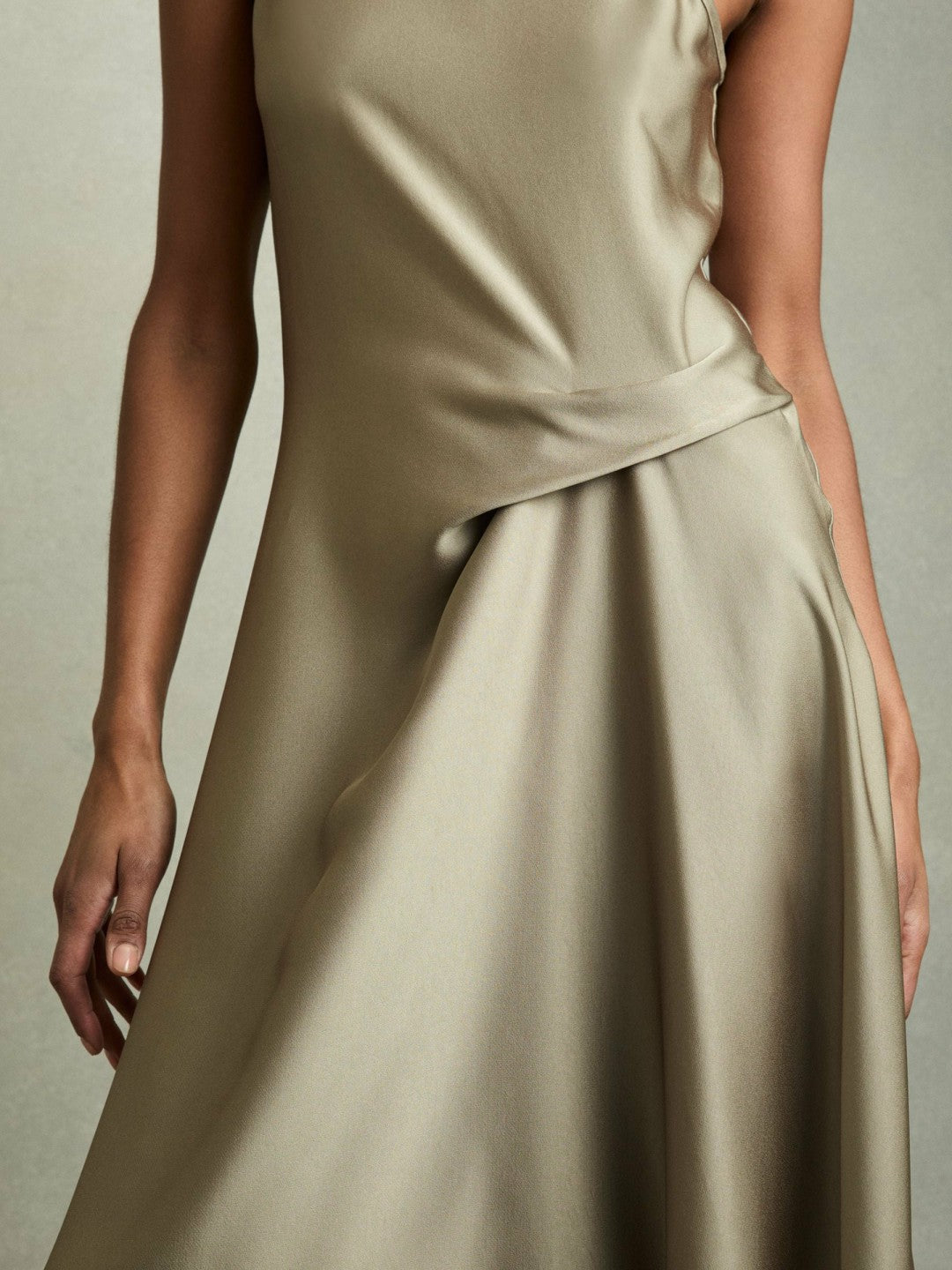 Reiss | Satin Drape Tuck Midi Dress in Khaki