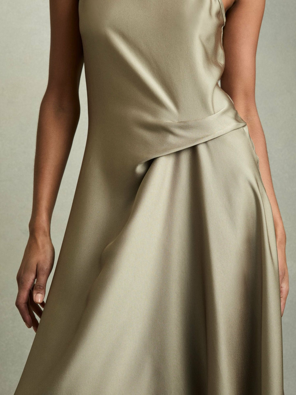 Reiss | Satin Drape Tuck Midi Dress in Khaki