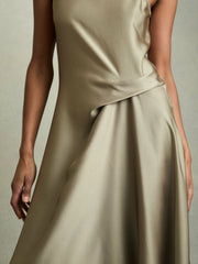 Reiss | Satin Drape Tuck Midi Dress in Khaki