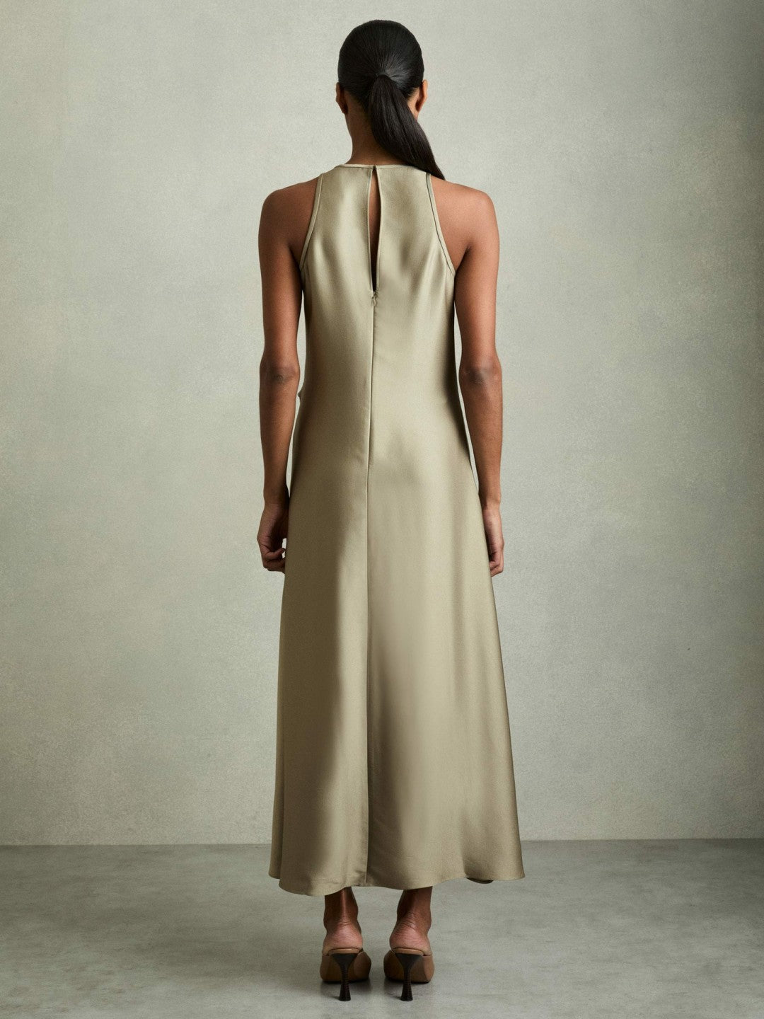 Reiss | Satin Drape Tuck Midi Dress in Khaki