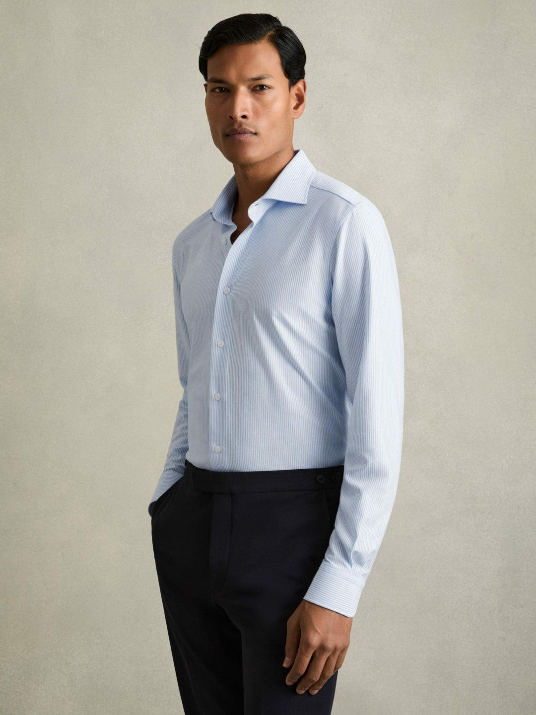 Reiss | Cotton-Blend Cutaway-Collar Striped Shirt in Blue Stripe