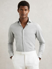 Reiss | Cotton-Blend Jersey Cutaway-Collar Shirt in Grey Melange