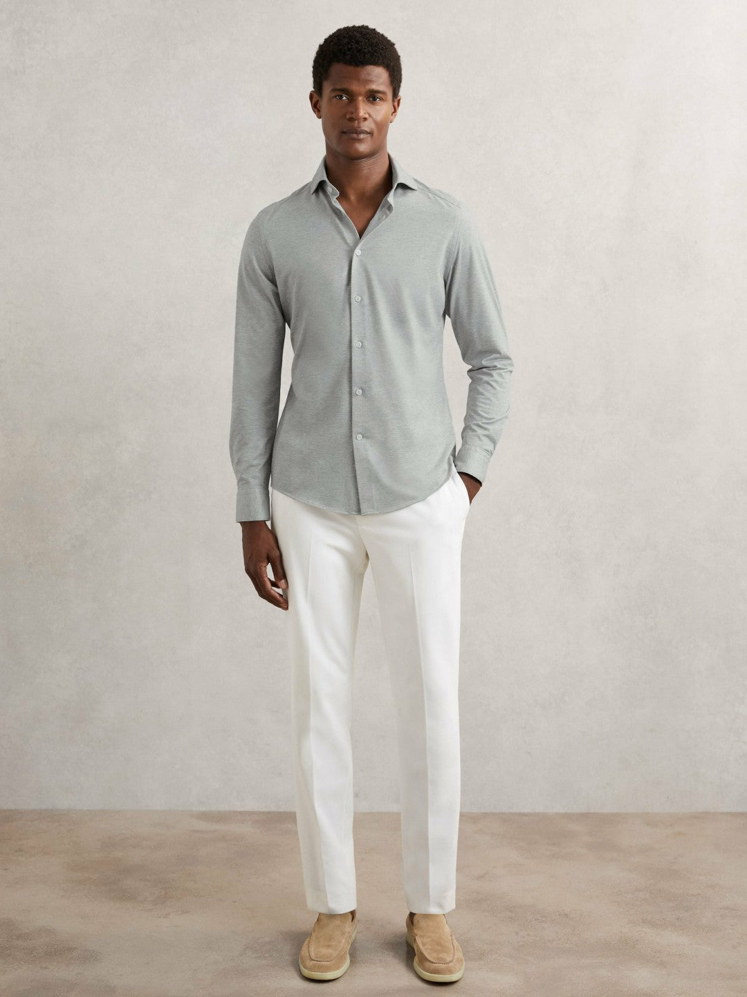 Reiss | Cotton-Blend Jersey Cutaway-Collar Shirt in Grey Melange